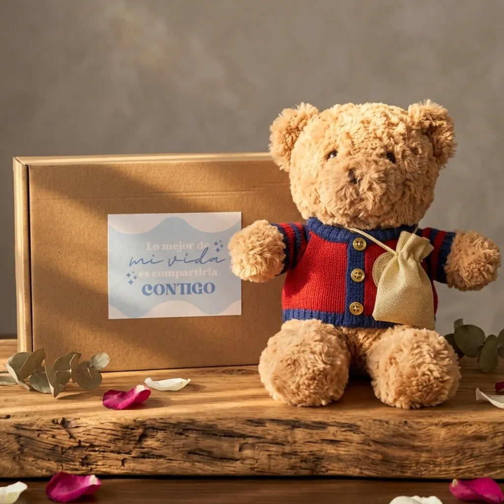Oso peluche chaleco rojo con caja regalo y tarjeta - Unboxing regalo emotivo