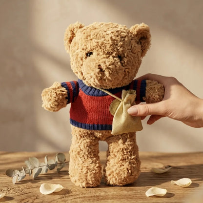 Oso de peluche chaleco rojo con morral de mensaje personalizado - Tienda Momentos Chile