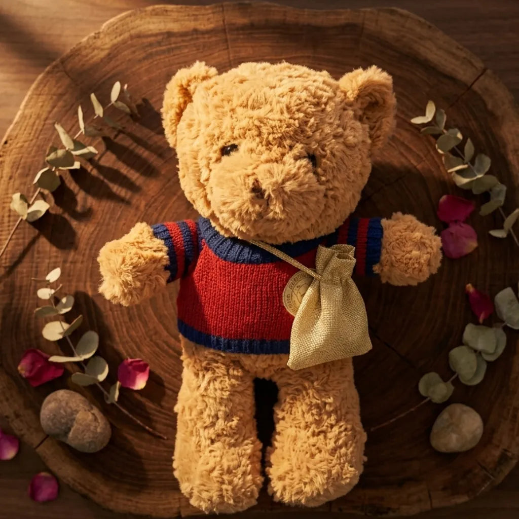 Oso peluche chaleco rojo vista aérea sobre madera con pétalos - Regalo Chile