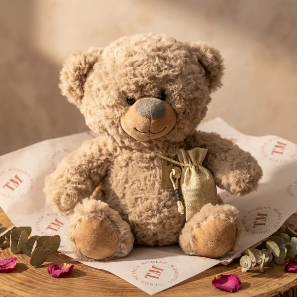 Oso peluche marrón suave entregando morral de audio personalizado