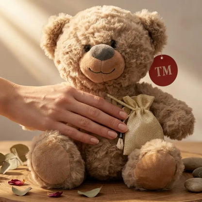 Oso peluche marrón sobre tabla rústica - Peluche con mensaje personalizado Chile