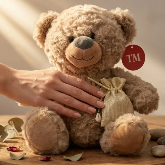 Oso peluche marrón sobre tabla rústica - Peluche con mensaje personalizado Chile