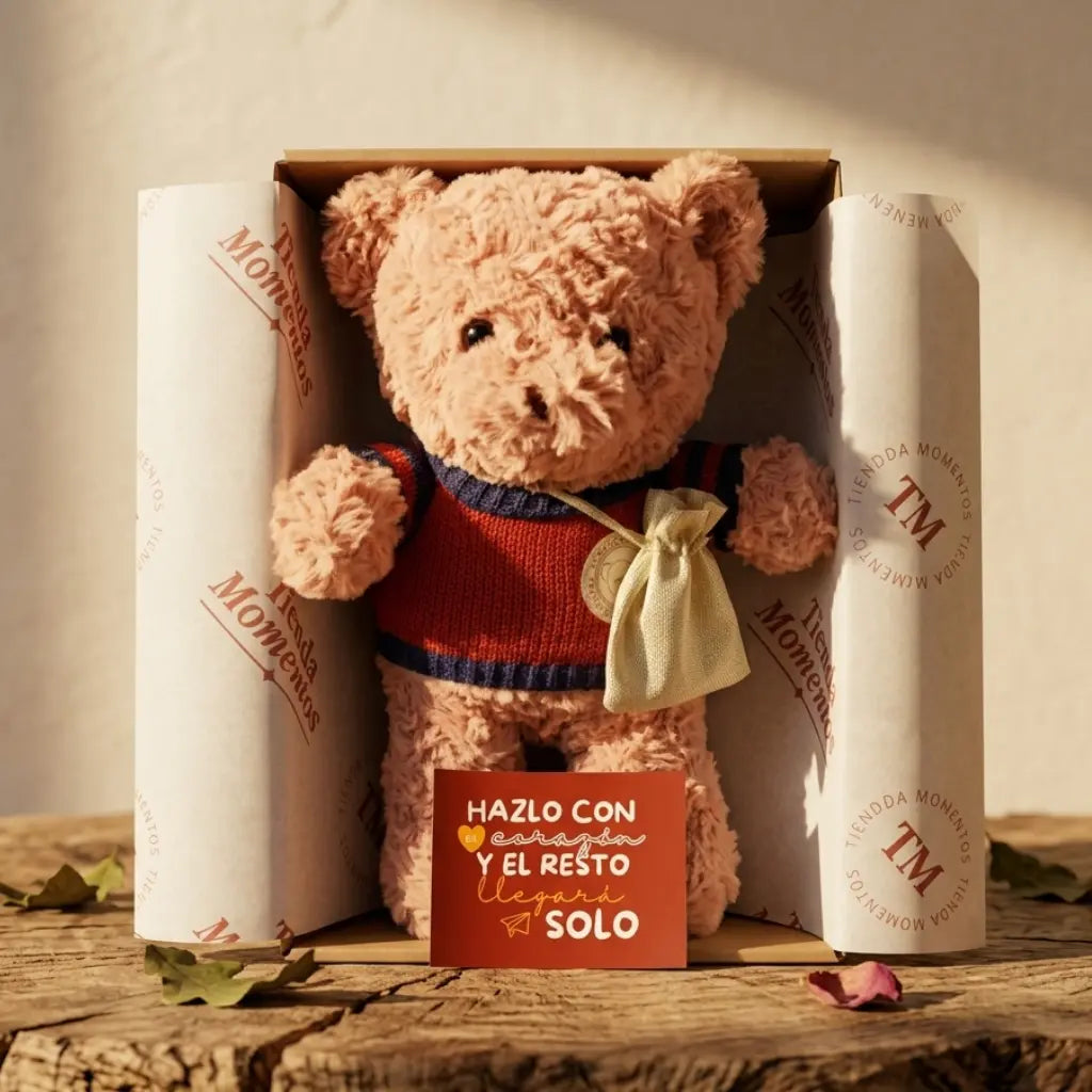 Oso peluche chaleco rojo con etiqueta Tienda Momentos y morral de audio